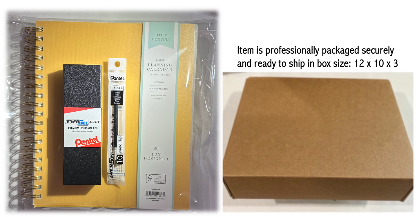 Day Designer 2025 | Large 8x10 | Daily/Monthly Planner & Gold Pen Set | Yellow