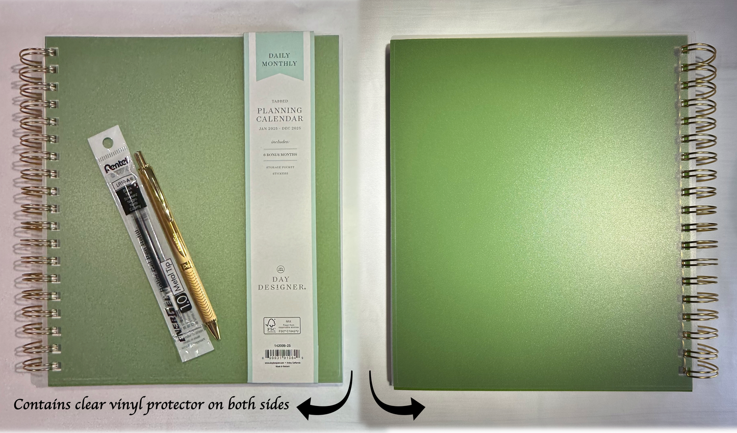 Day Designer 2025 | 8x10 | Daily/Monthly Planner & Gold Pen Set | Olive Green