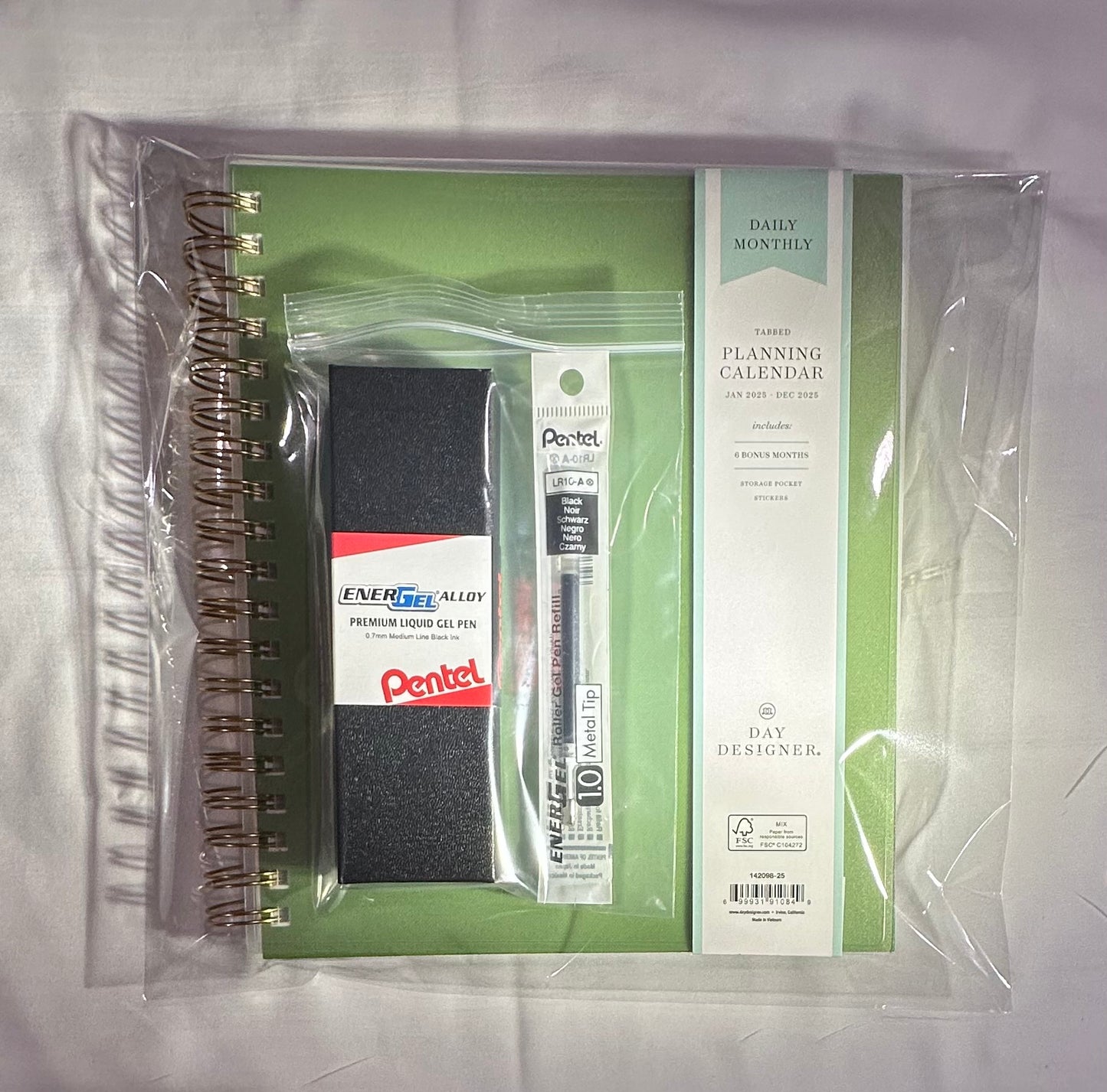 Day Designer 2025 | 8x10 | Daily/Monthly Planner & Gold Pen Set | Olive Green