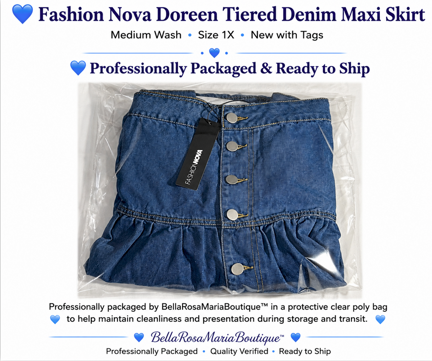 Fashion Nova Doreen Tiered Denim Maxi Skirt – Medium Wash | Size 1X | BellaRosaMariaBoutique™ Exclusive | NWT