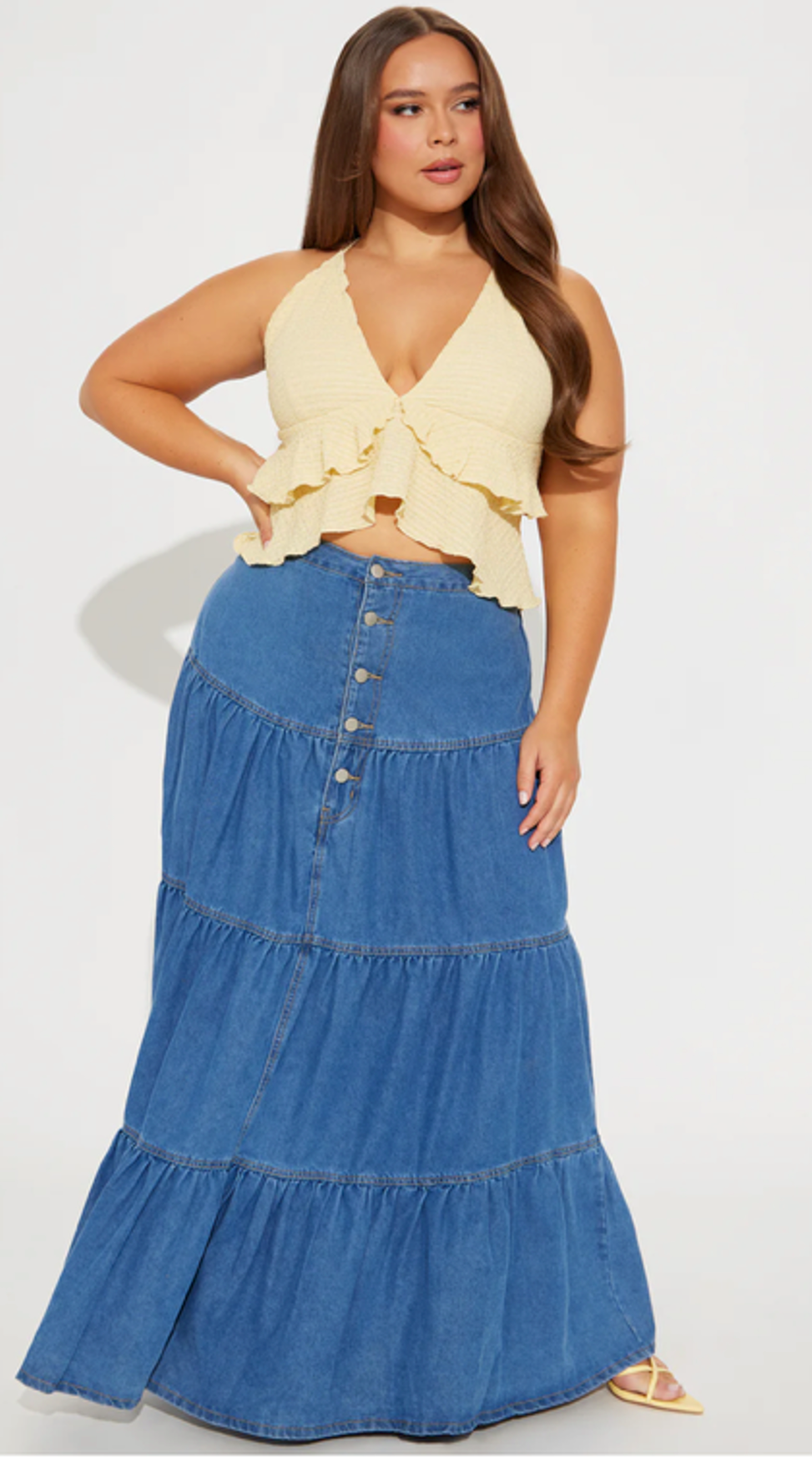 Fashion Nova Doreen Tiered Denim Maxi Skirt – Medium Wash | Size 1X | BellaRosaMariaBoutique™ Exclusive | NWT