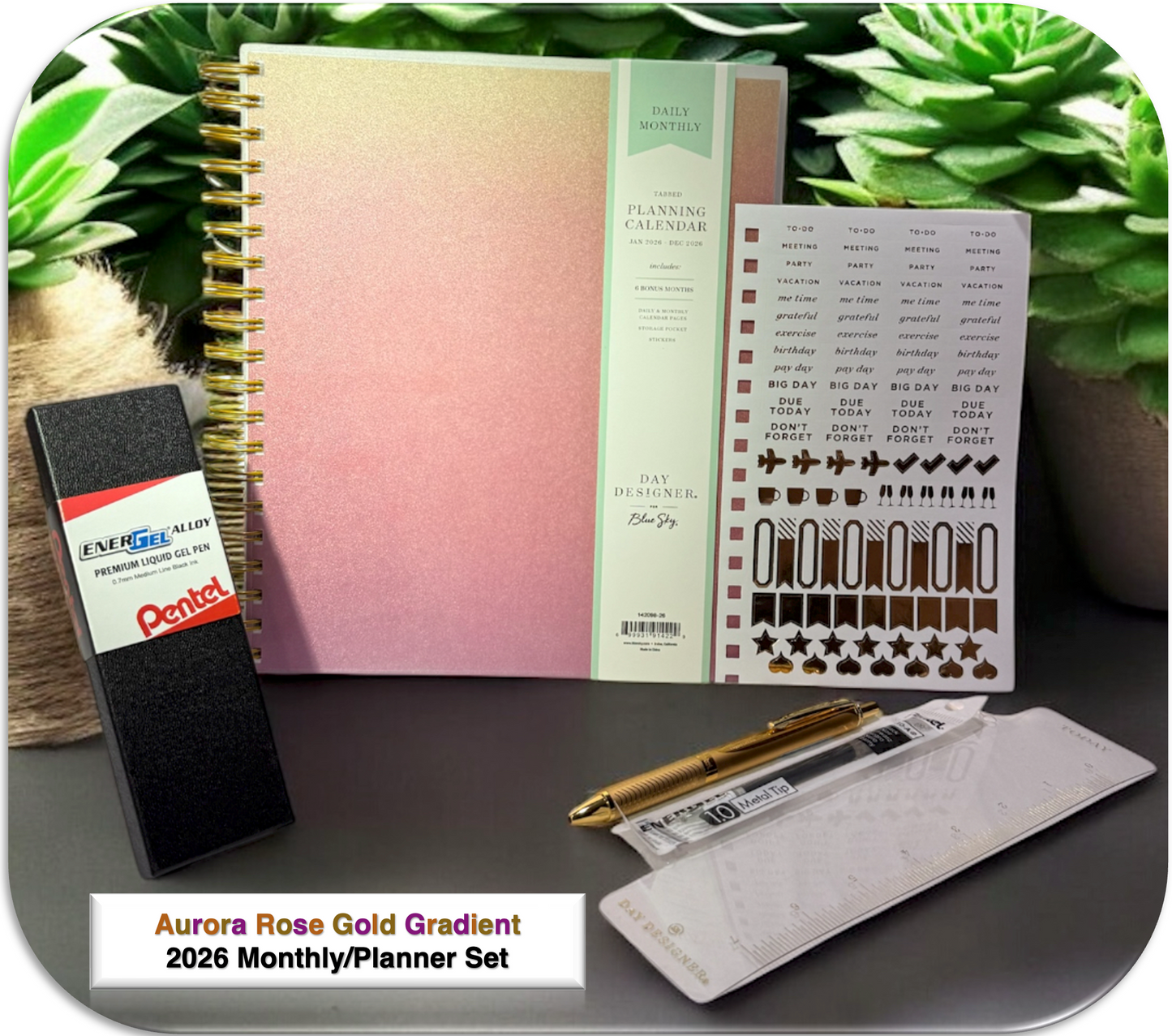 2026 Aurora Rose Gold Gradient Daily/Monthly Planner Gift Set – BellaRosaMariaBoutique™ Exclusive