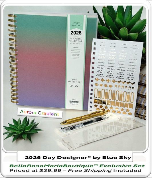 2026 Day Designer® by Blue Sky - Daily/Monthly Planner – BellaRosaMariaBoutique Exclusive Set – Aurora Gradient (Teal, Light Amber, Coral, Magenta, Violet)