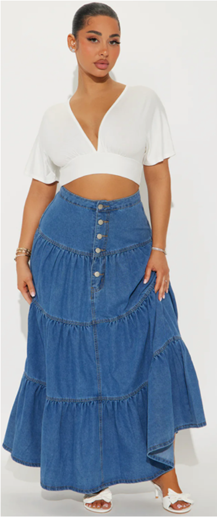 Fashion Nova Doreen Tiered Denim Maxi Skirt – Medium Wash | Size 1X | BellaRosaMariaBoutique™ Exclusive | NWT
