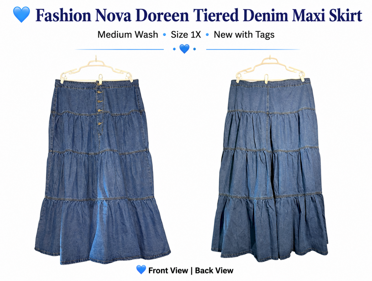 Fashion Nova Doreen Tiered Denim Maxi Skirt – Medium Wash | Size 1X | BellaRosaMariaBoutique™ Exclusive | NWT