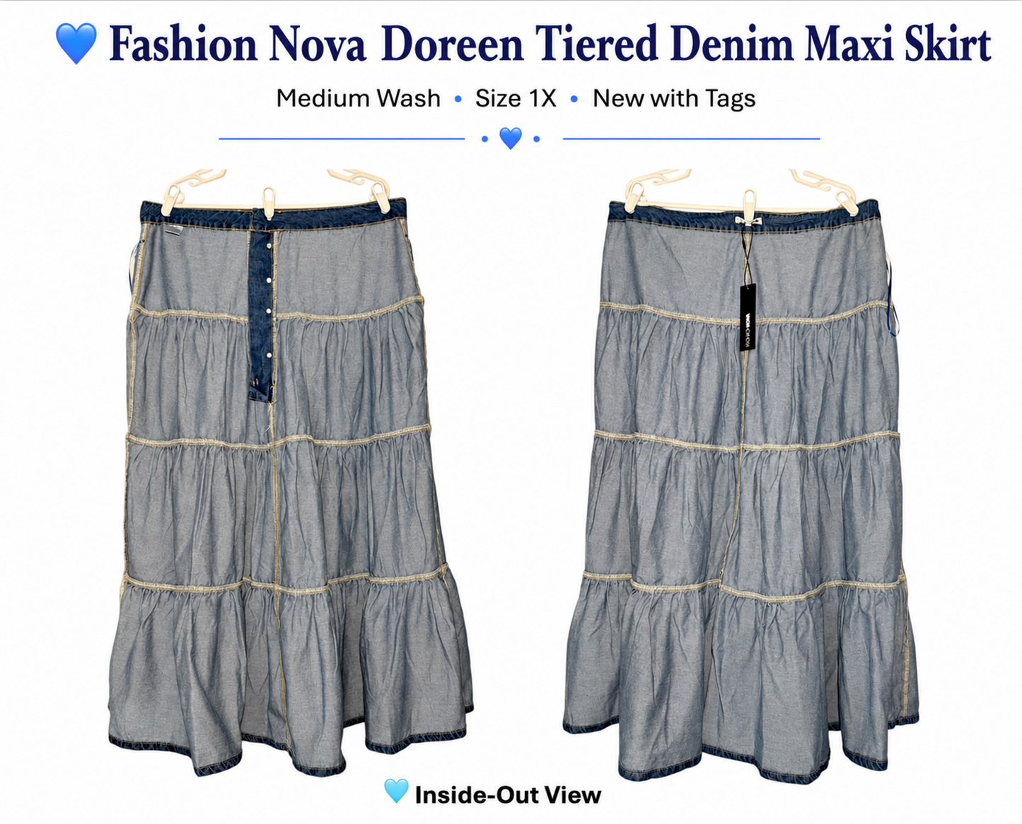 Fashion Nova Doreen Tiered Denim Maxi Skirt – Medium Wash | Size 1X | BellaRosaMariaBoutique™ Exclusive | NWT