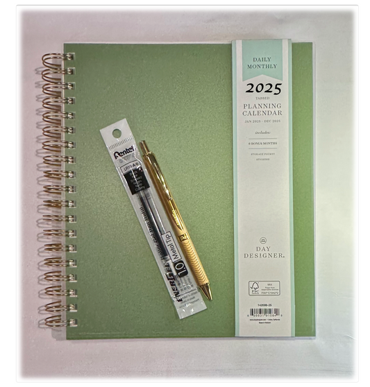 Day Designer 2025 | 8x10 | Daily/Monthly Planner & Gold Pen Set | Olive Green | 40% Off